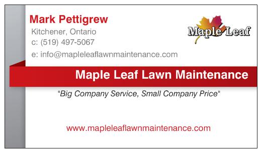 back of white maple leaf lawn maintenance business card with contact details